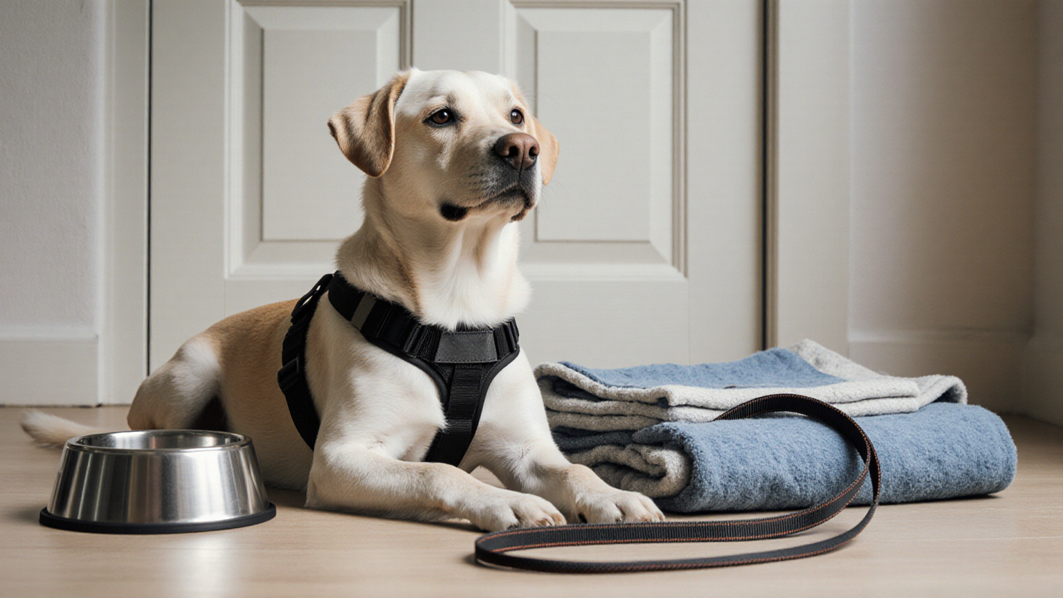 Leash, blanket, and safe transport supplies by a door