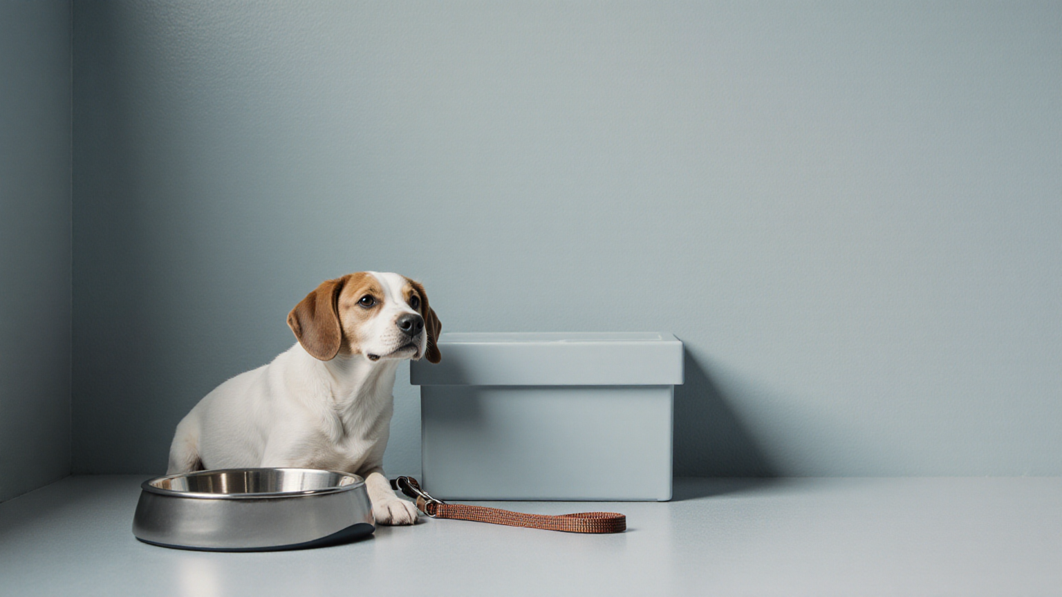 Dog waiting beside a closed supply box before a scheduled weight-management recheck