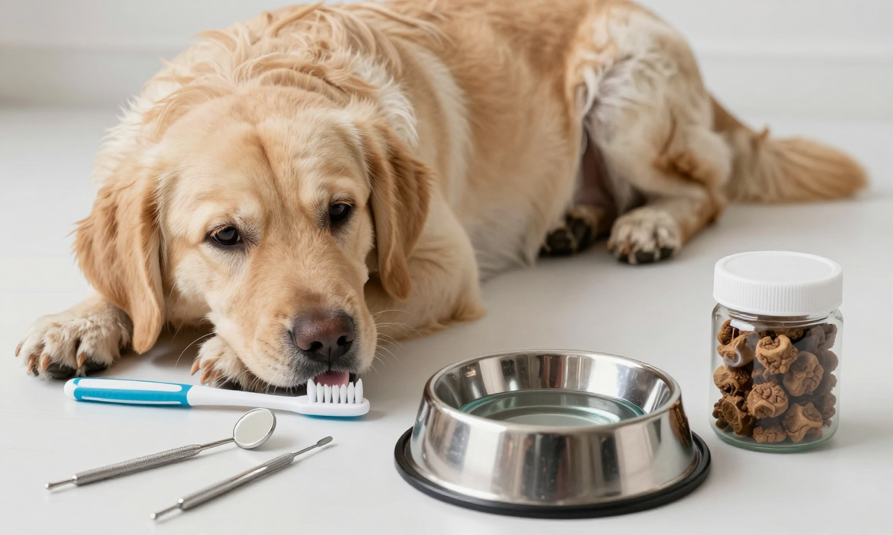 Dog beside practical home dental-care supplies