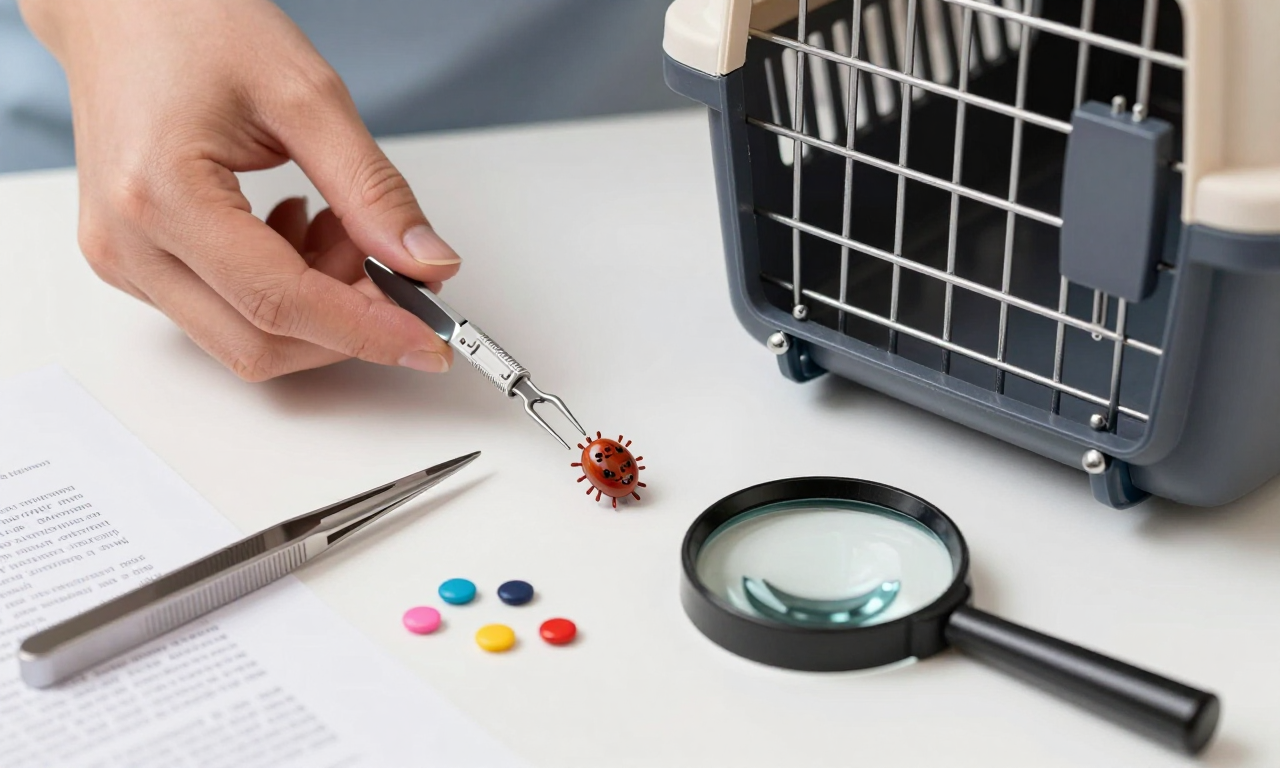 Tick-removal tools and carrier prepared for a veterinary visit