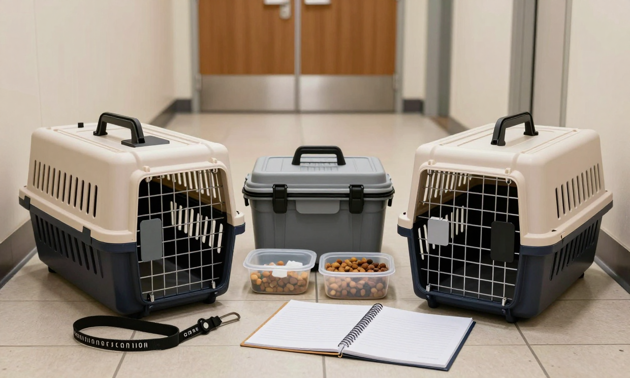 Separate carriers and supplies organized for a foster-care handoff