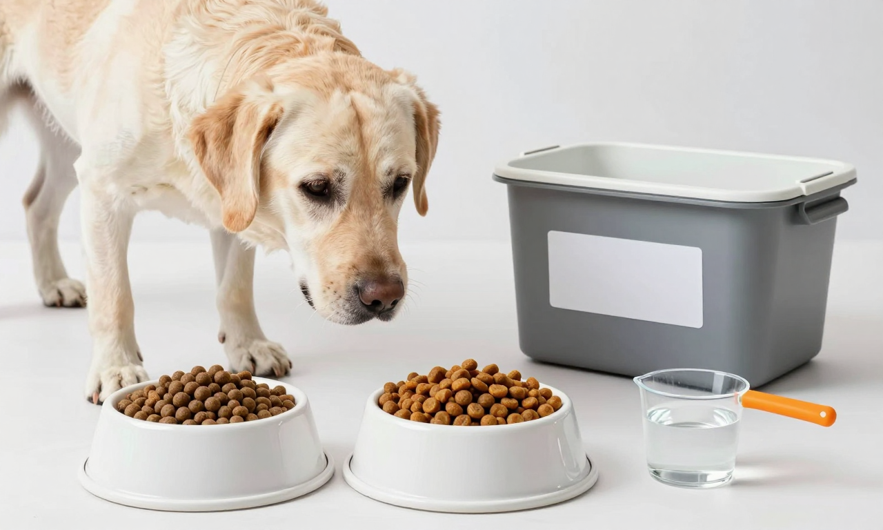 Senior dog with two measured food portions for a gradual diet transition